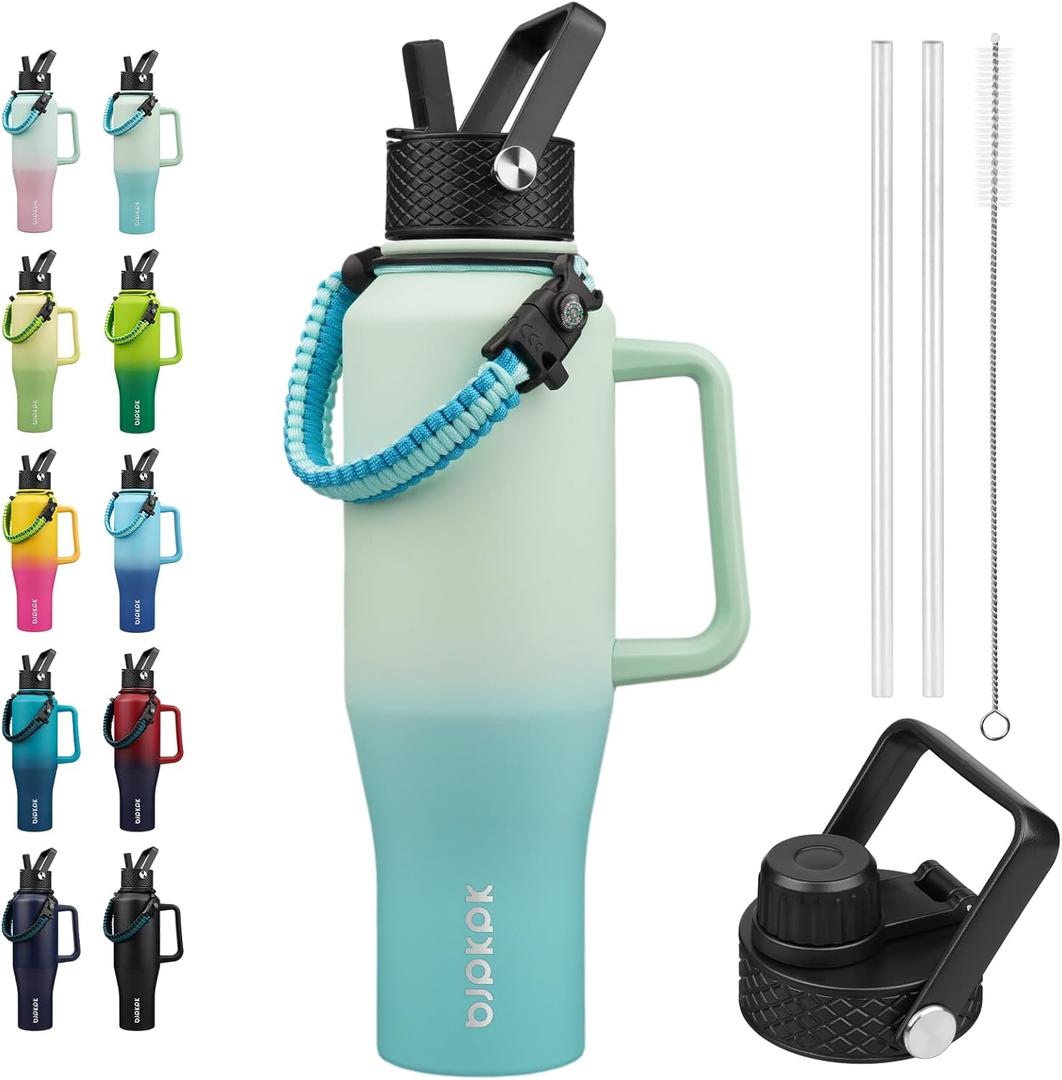 BJPKPK Insulated Water Bottles with Straw Lid, 40oz Metal Water Bottle with 2 lids & Paracord Strap, Double Wall Stainless Steel Tumbler with Handle, Reusable Cups, Mugs, Thermos, Mint