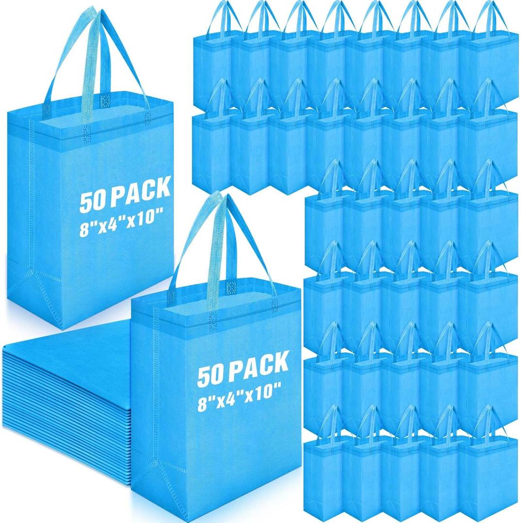Windyun 50 Pcs Reusable Tote Bag Bulk 8 x 4 x 10 Inch Non Woven Shopping Bag with Handle Christmas Reusable Grocery Gift Tote (Medical Blue)