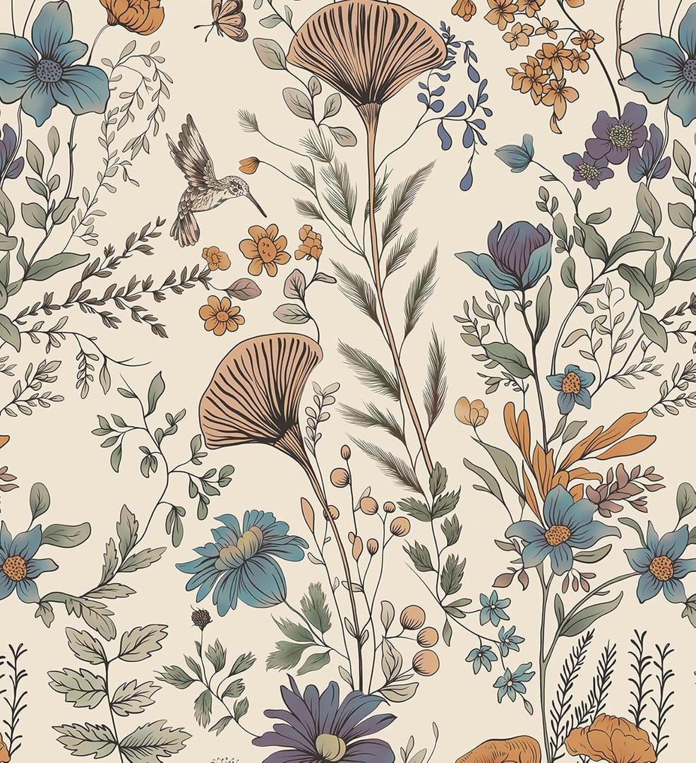 CiCiwind Boho Peel and Stick Wallpaper Floral Birds Wall Paper Vintage Removable Self Adhesive Contact Paper for Kitchen Bedroom Bathroom Decoral Cabinets and Drawers 78.7"17.3" (Beige)