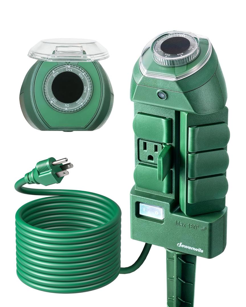 DEWENWILS Outdoor Power Strip Timer with Photocell, Weatherproof Countdown Light Control, 6 Outlets 10ft Cord Dusk to Dawn Outdoor Timer for Lights, Yard, 1875W/15A UL Listed