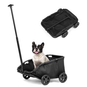 AESRAOU Mini Dog Strollers for Mini Pets, Foldable Multifunctional Shopping Carts with Extendable Pull Handle, Doggie Wagon Built-in Cushion and Safety Rope with Storage Bag (Black)