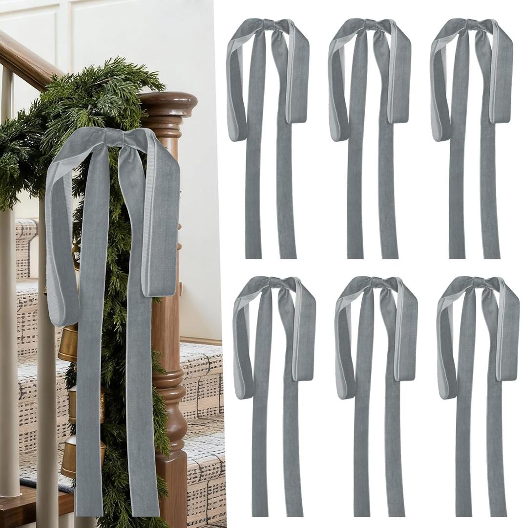 Artmag 6 Pcs Velvet Christmas Large Swag Bows 23.6x15.7 Inch Rustic Staircase Wreath Fireplace Vintage Bows for Christmas Tree Topper Holiday Indoor Outdoor Decor (Grey)