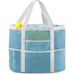 EASYFUN Beach Bag Large Mesh Beach Bag Lightweight Beach Tote with 9 Pockets Foldable Vacation Trip Essentials