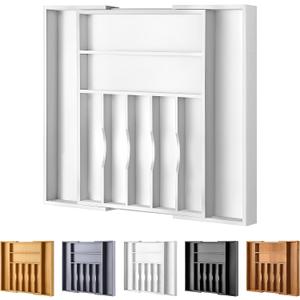 Large Premium Bamboo Silverware Organizer - Expandable Drawer Organizer & Utensil Organizer - 17"x19.7" Cutlery Tray with Dividers for Kitchen Utensils and Flatware (7-9 Slots) (White)