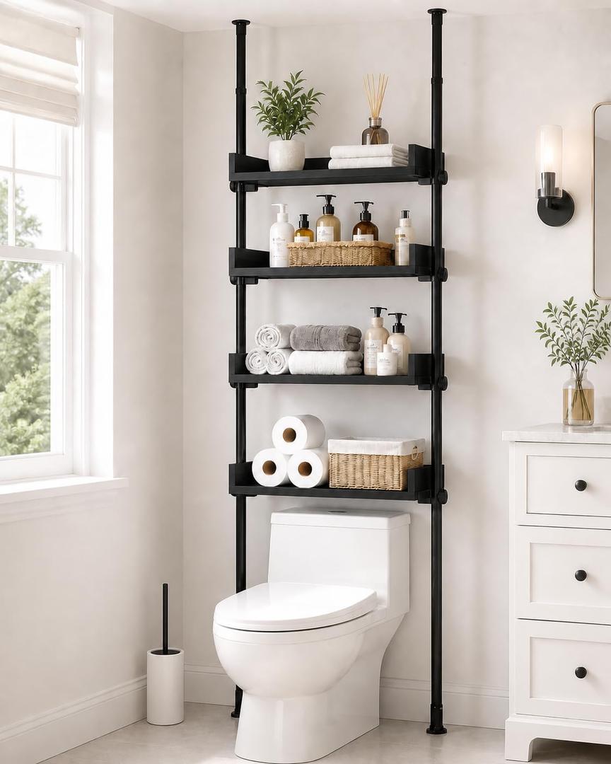 ALLZONE Tension Over The Toilet Storage Cabinet, No-Drill, Fits 92-116 in., 4-Tier