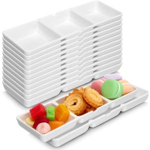 Eaasty 24 Pcs 8.7 x 2.8 Inch 3 Compartment Appetizer Serving Tray Plastic 3 Section Dessert Platters Rectangular Divided Plate White Compartment Serving Dishes Dipping Sauces Dinner Kitchen