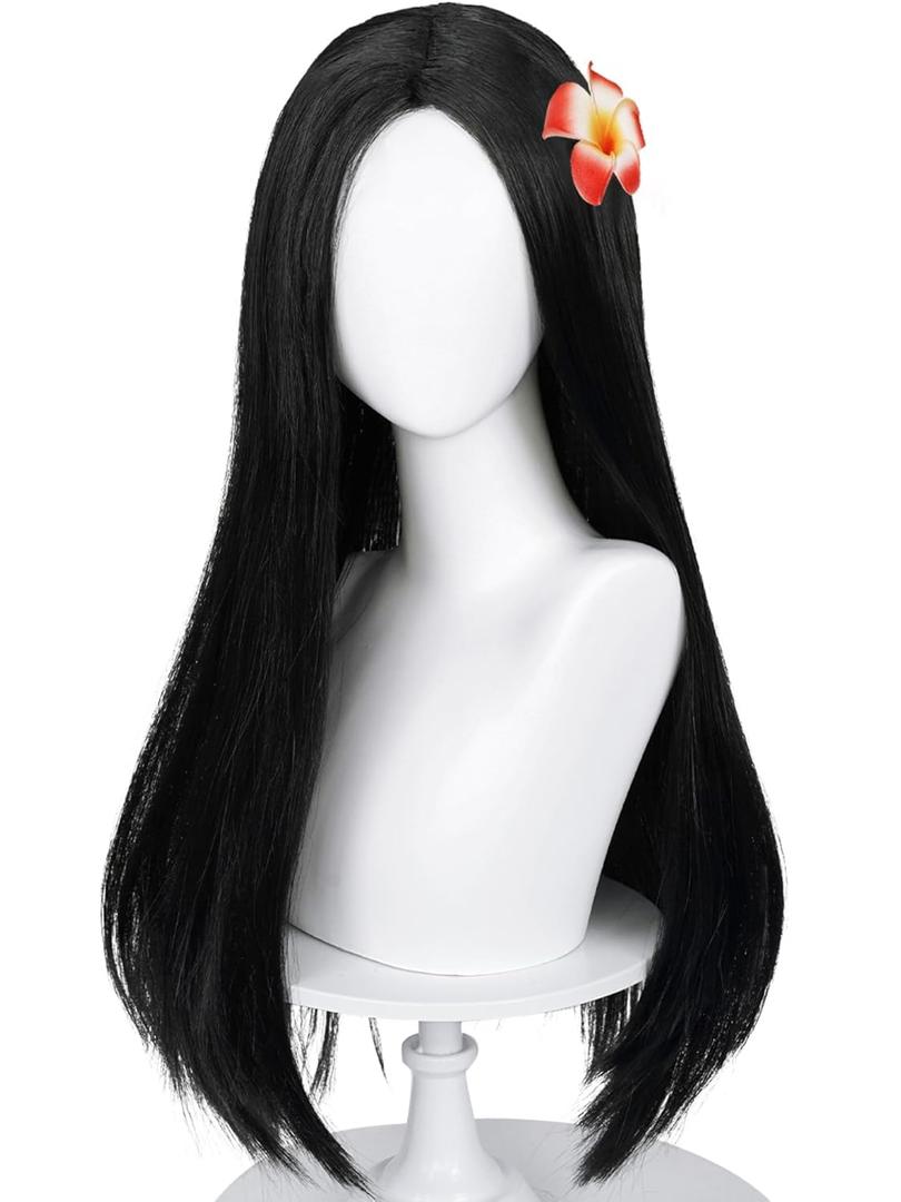 Half and Half Long Straight Black Wig with Flower Hair Clip, Black Center Part Wigs 23.6'' Synthetic Hair + Wig Cap for Halloween Party Daily Costumes