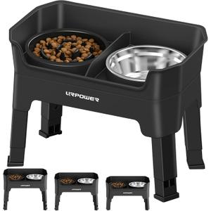 URPOWER Mess Proof Elevated Dog Bowls 4 Height Adjustable Raised Dog Bowl Stand with Stainless Steel Bowl, Slow Feeder & Licking Plate for Small, Medium & Large Dogs