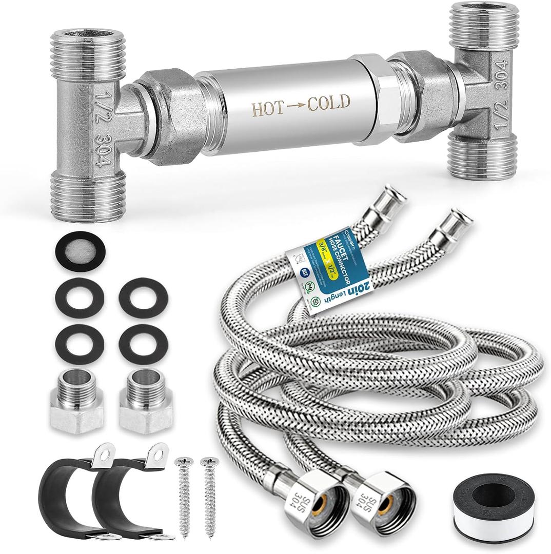 Replacement 304 Stainless Steel Sensor Valve Kit for Instant Hot Water Recirculating Pump System, Includes Valve & 2 x 20-in PEX Supply Lines for Potable Water & Adaptors & Teflon Tape