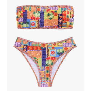 ZAFUL Women Strapless Ribbed High Cut Bandeau Bikini Lace Up 2 Pieces Swimwear, L