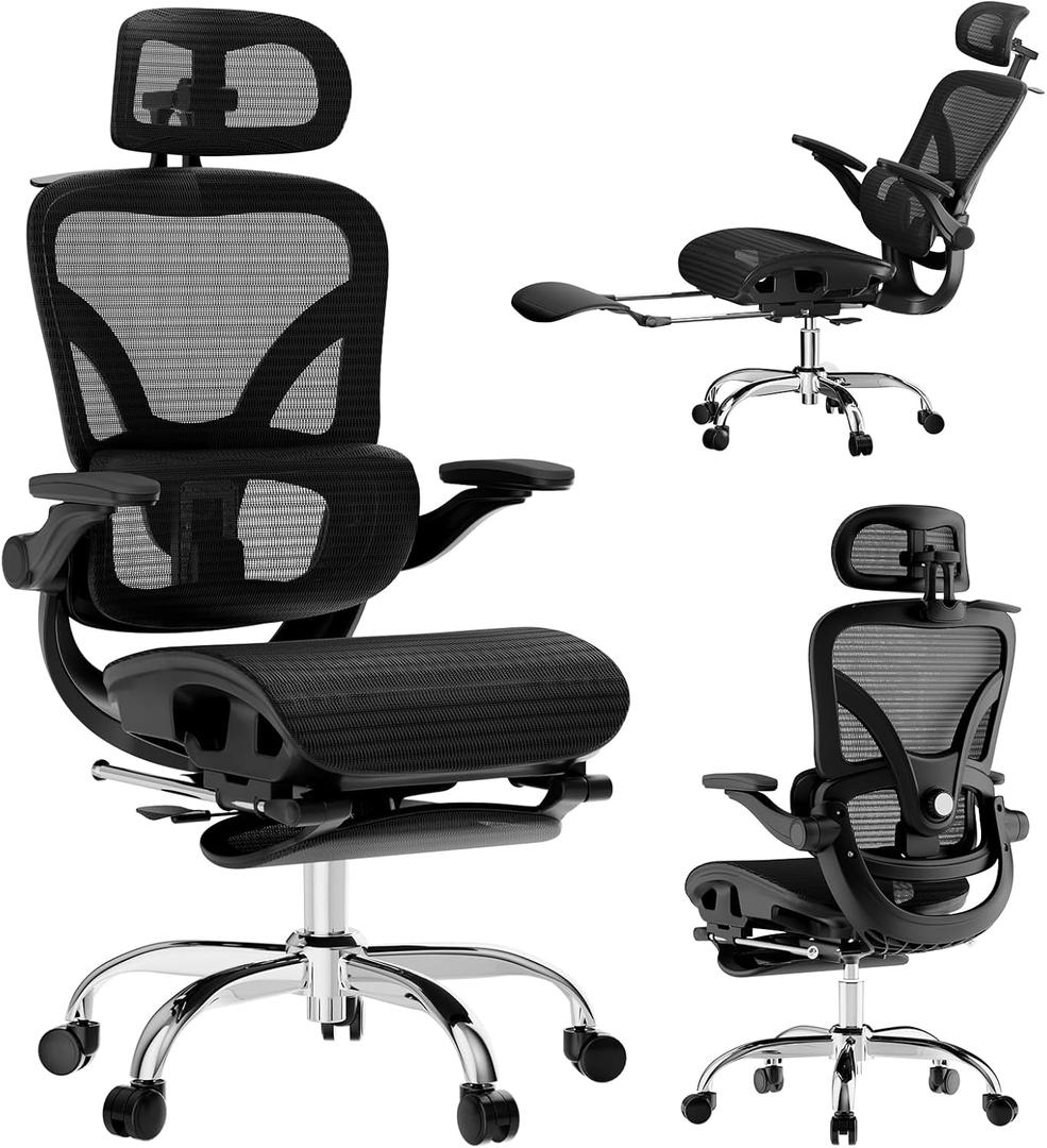 Alllion Ergonomic Mesh Office Chair, Home Desk Chair Comfy High Back with Adjustable Lumbar Support, 3D Headrest, Flip-up Arms, Big and Tall Reclining Computer Gaming Chairs for Men Women, Black