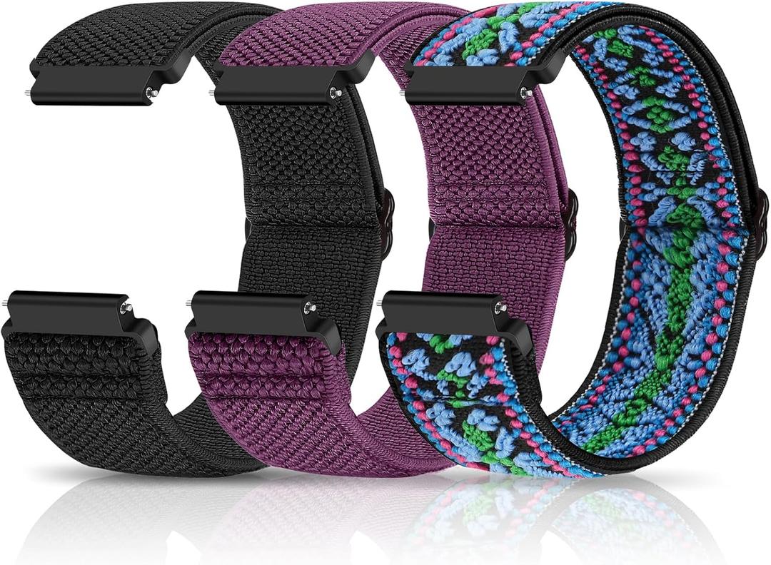 Compatible with 22mm Watch Bands Quick Release Replacement Wristband,Adjustable Stretchy Nylon Solo Loop Straps Fabric Braided Sport Elastic Bands for Men Women (Black+Bohemian Blue+Purple)
