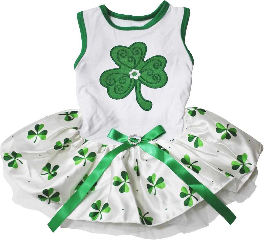 Petitebella Green Clover Puppy Dog Dress (White/Clovers, Large)