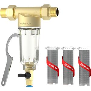 PSF1 Spin-Down Sediment Filter, Whole House Pre-Filter for Well Water & City Water, 40/100/200 Micron Reusable Stainless Steel Mesh, 1" MNPT + 3/4" FNPT & 3/4" MNPT Adapter