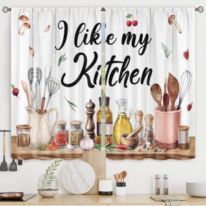 Riyidecor Retro Rustic Kitchen Curtains Farmhouse Country Mushroom Leaves Wood Plank Vintage Funny Quotes Rod Pocket Short Small Watercolor Bedroom Living Room Treatment Fabric 2 Panels 27.5Wx39H Inch (01white)