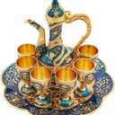 Turkish Tea Set with 6 Metal Cups, Blue Teapot and Wine Cup Collection, Russian Style Wedding Home Decor