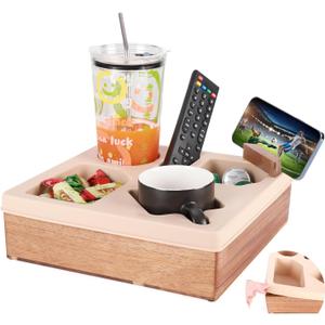 Couch Cup Holder Tray, Silicone Wooden Couch Caddy with Cup Holder for Snacks, Drinks, Remotes, Waterproof Cup Holder for Couch, Organizer, Couch Drink Holder (Beige)