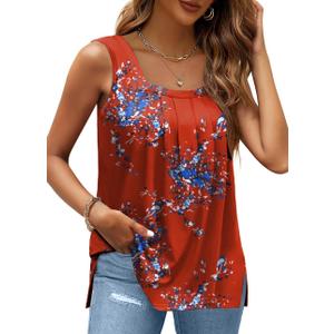 Summer Tank Tops for Women Pleated Square Neck Side Slit Tops Loose Fit Curved Hem Flowy (XXL)