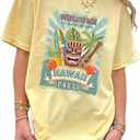 Women's Hawaiian Graphic Tee Tropical Floral, Hawaii Retro Vacation, Loose Short Sleeve T Shirts for Summer Beach (Yellow, L)