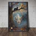2Pcs Vintage Halloween Wall Art Black Cat Ghost Wall Decor Painting Picture Autumn Ghost Posters Prints Dark Academy Artwork for Living Room Bedroom Bathroom Decoration 16x24in Unframed