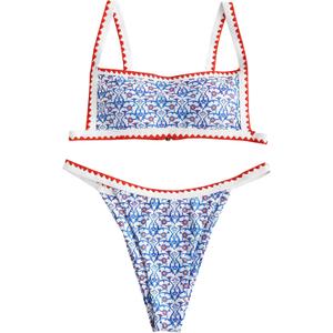 ZAFUL Women's Bohemian Swimsuit Strappy Tie Side Bikini Set Triangle Cheeky String Brazilian Swimwear (Medium, Light Blue)