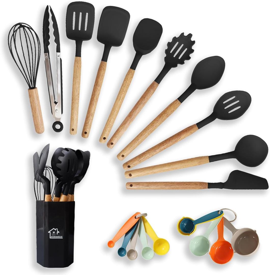 Bebiger Kitchen Cooking Utensils Set, 21 pcs Non-Stick Silicone Cooking Kitchen Utensils Spatula Set with Holder, Wooden Handle Silicone Kitchen Gadgets Utensil Set, Black