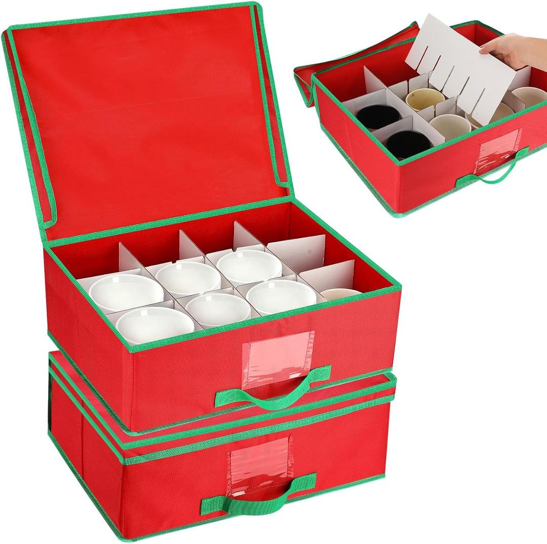 Chunful 2 Pcs Mug Storage Box with Adjustable Divider Christmas Holiday China Storage Organizer Holder for Coffee Mug Cup Christmas Container with Lid Handle Label Window for Moving Supplies, Hold 24