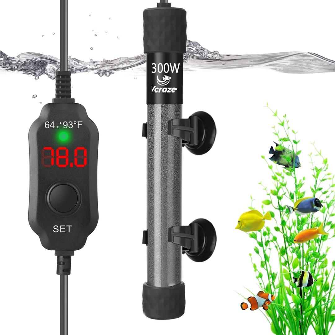 Super Compact 300W Fish Tank Heater, Submersible Aquarium Heater with LED Digital Display Thermostat, Adjustable Fish Heater for 40-60 Gallon Tanks