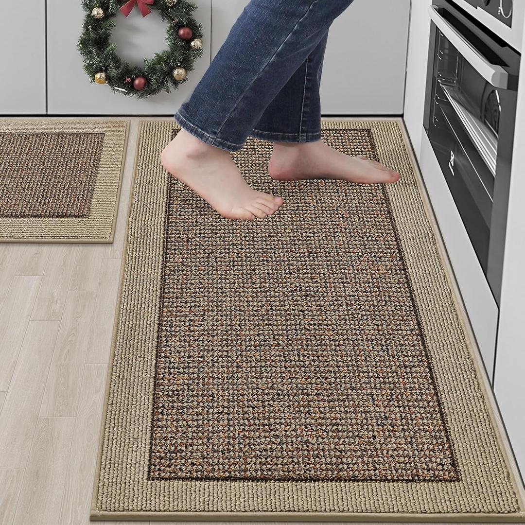 BEQHAUSE Kitchen Rugs and Mats Set of 2 Non-Slip Kitchen Mats for Floor, Absorbent and Stain Resistant Kitchen Runner, Machine Washable Rugs for Kitchen, Laundry & Sink, 20"x32"+20"x48", Taupe