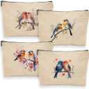 4 Pcs Vintage Abstract Botanical Flower Bird Makeup Bag, Small Waterproof Zipper Women Purse Multi Functional Toiletry Organizer for Women Friend Coworker Sister Christmas Birthday Friendship Gifts