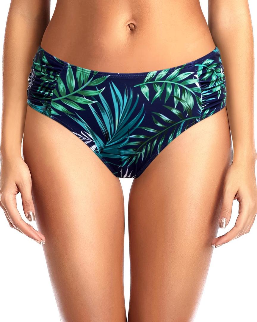 Tempt Me Women Bikini Bottoms Mid Waist Bathing Suit Swimsuit Ruched Swim Bottom (Large, Green Leaves)