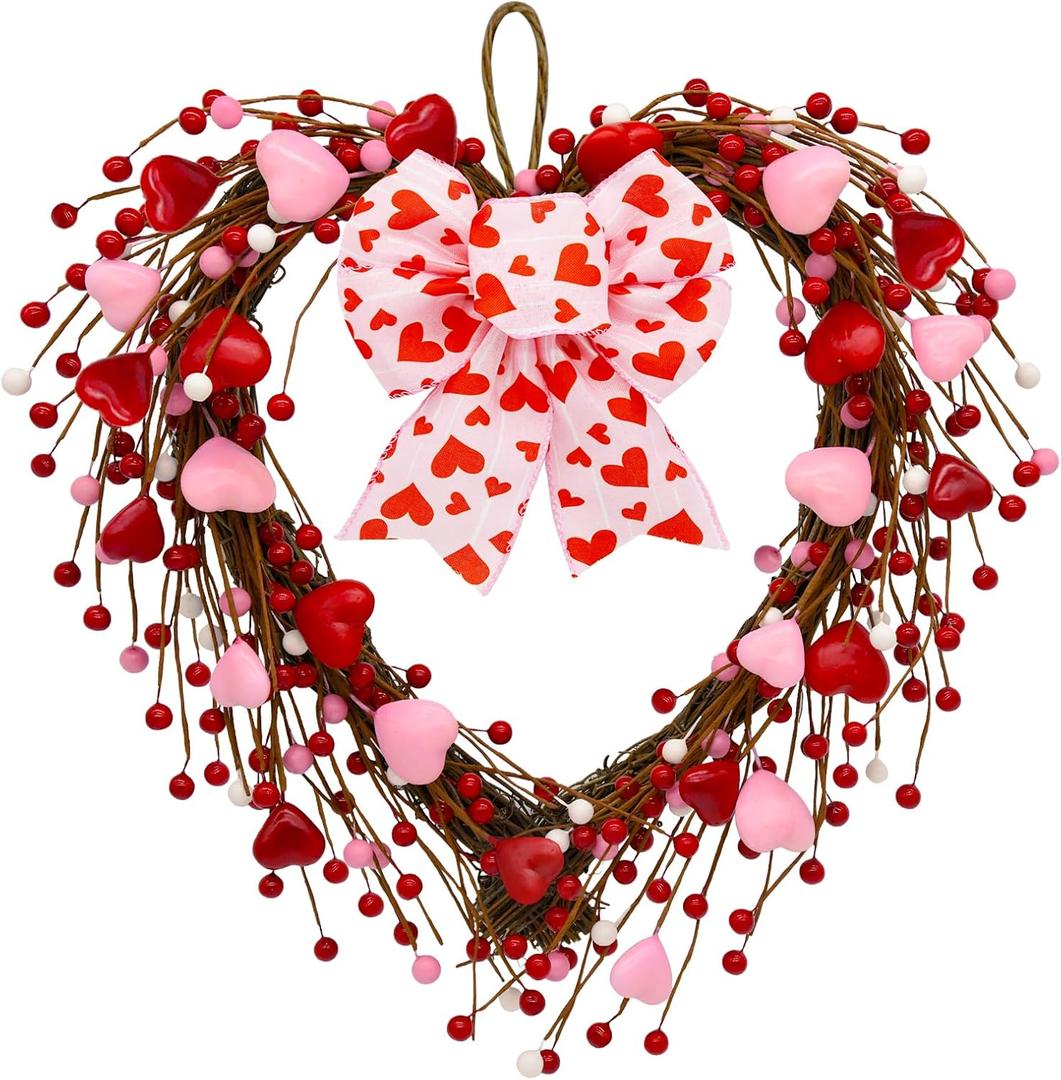 CRCZK 16Inch Red & Pink Heart Wreath with Artificial Hearts & Berries - Valentine's Day Bow Wreath for Indoor & Outdoor Decor