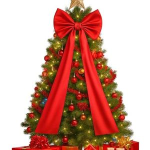 47-inch Pink Satin Type Fabric Christmas Tree Topper Bow, Perfect for Home Wreaths, Closet Wall Backdrops, and Party Christmas Decorations (Red)