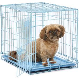 MidWest Homes for Pets Single Door Blue Folding Metal Dog Crate w/ Divider Panel, Floor Protecting 'Roller' Feet & Leak Proof Plastic Tray, 24L x 18W x 19H Inches, Small Dog Breed