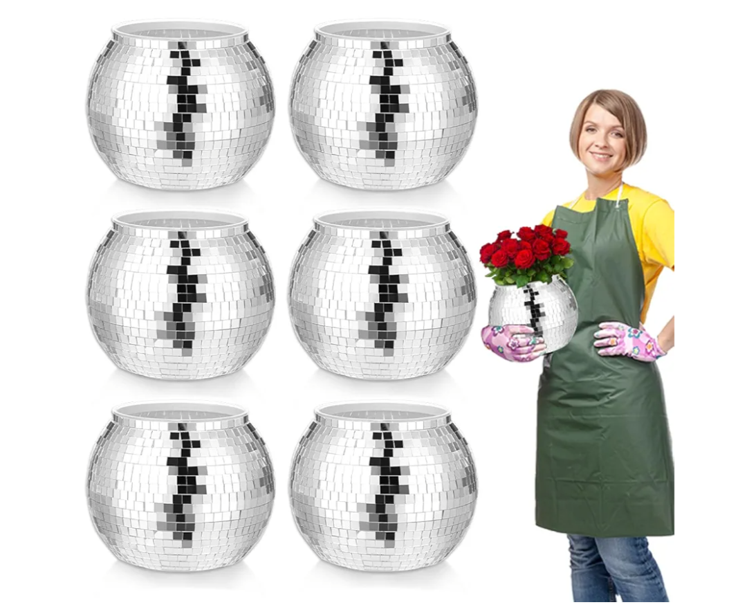 6 Pcs Disco Ball Vase,Plastic Disco Ball Centerpieces Silver Disco Ball Planter Mirror Disco Ball Ice Bucket Disco Ball Decor Can Be Used for Wedding Centerpieces,Birthday,Office(9 Inch)