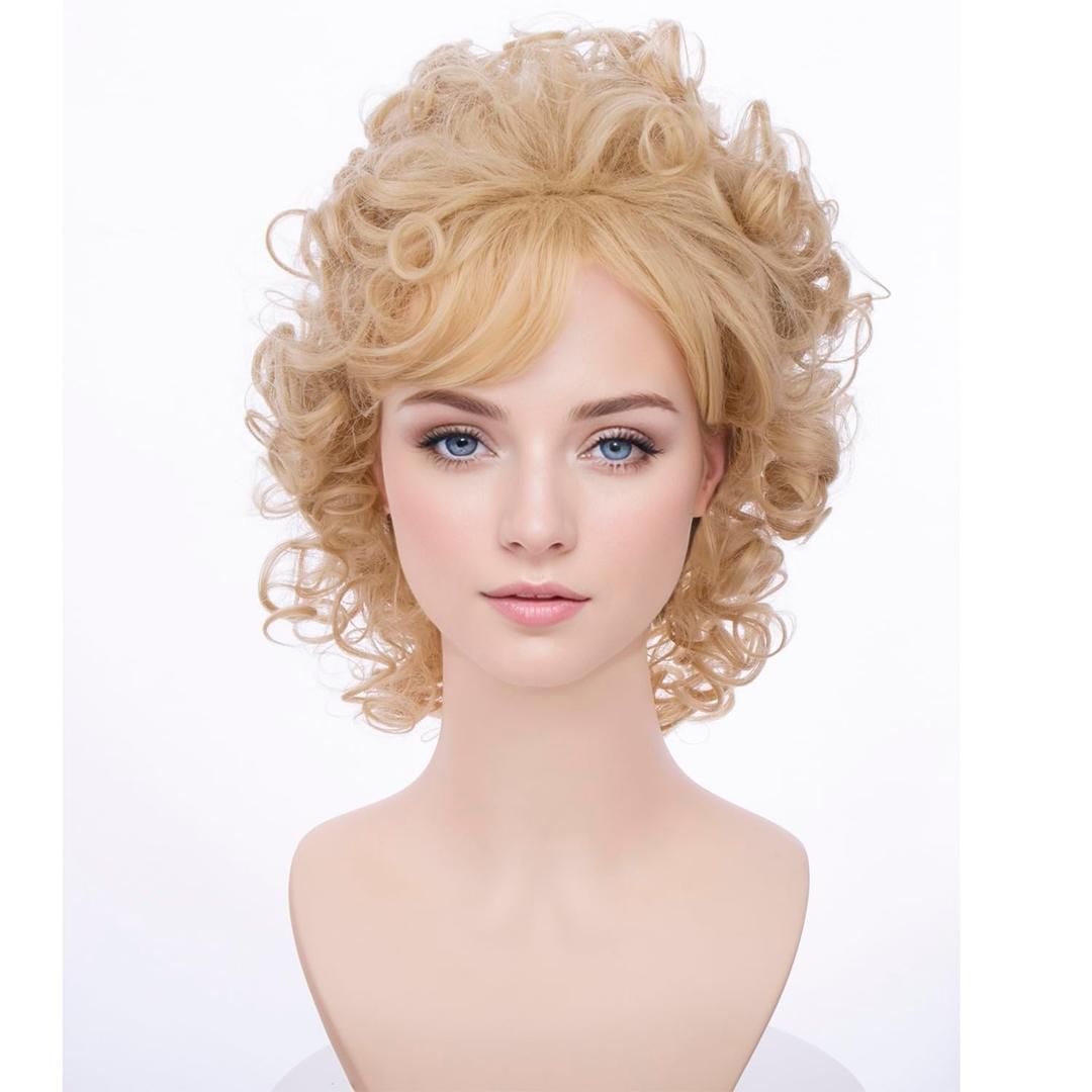 Women Blonde Wig Adult Short Blonde Curly Wavy Wig with Bangs Cosplay Hair Wigs Include Cap
