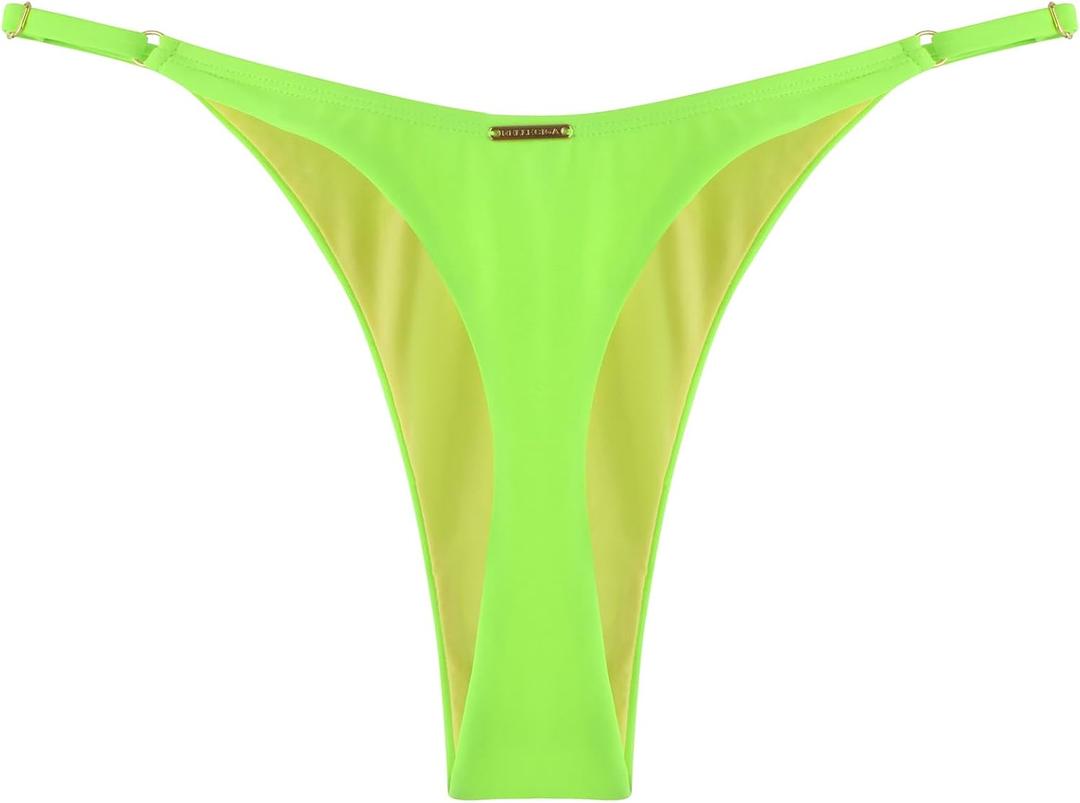 RELLECIGA Women's Adjustable High Cut Thong Bikini Bottom (Neon Green, Small)