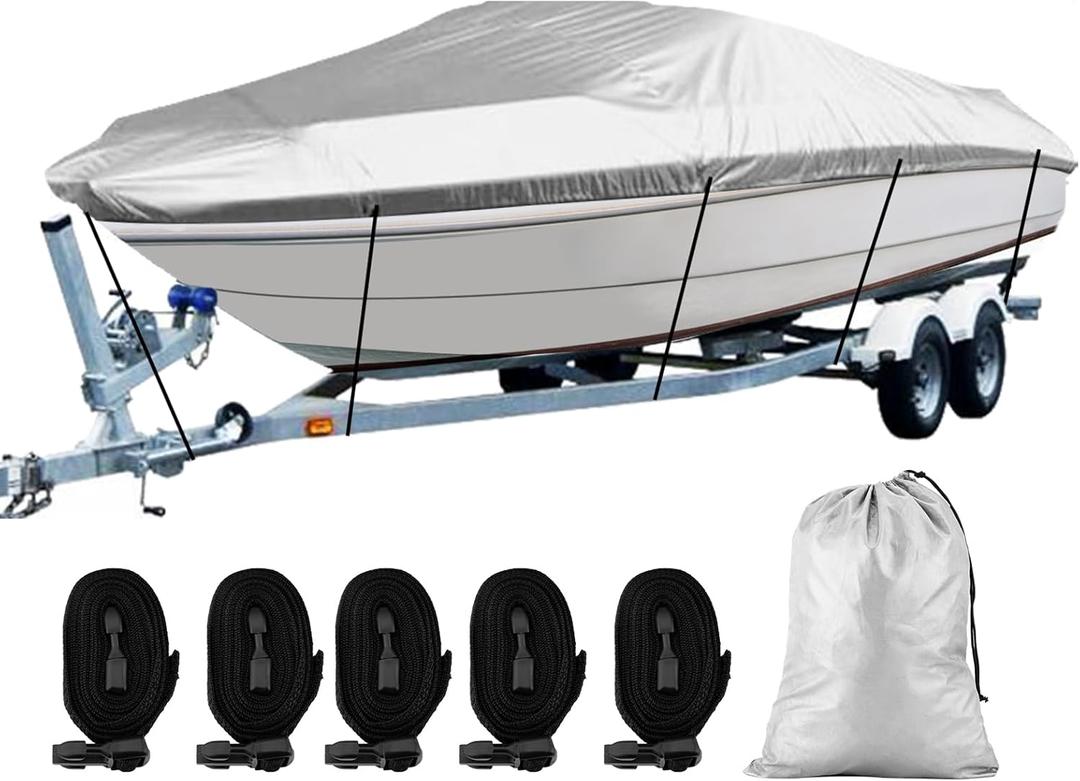 SPORTYOUTH Boat Cover 17-19ft, Trailerable Boats Covers Waterproof UV Protection 210D Oxford Fabric Fit V-Hull Tri-Hull Fish & Ski Boat Pro-Style Runabouts Bass Boats, 17'-19' Long 102" Wide