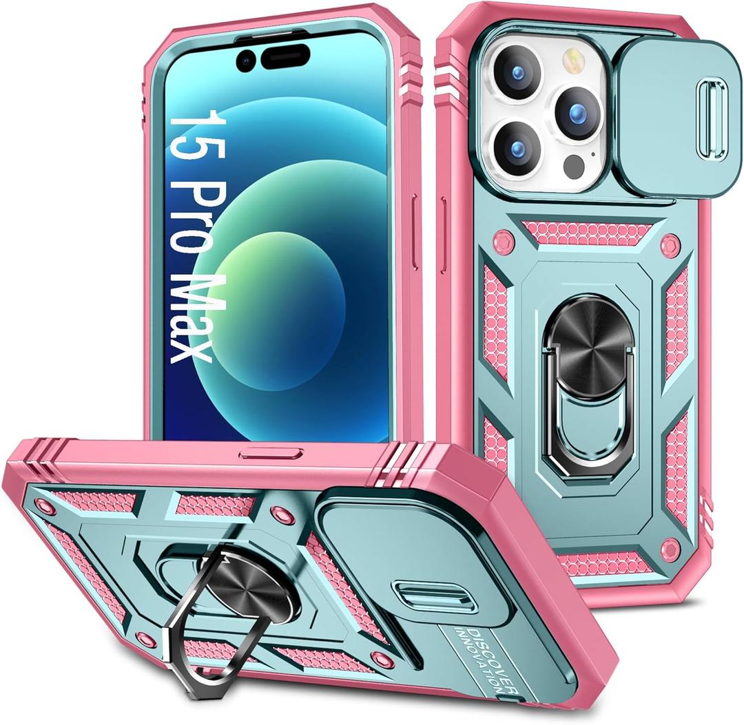 Case Compatible with iPhone 15 Pro Max, Shockproof Impact Resistant with Slide Lens Protective Cover Case for iPhone 15 Pro Max 6.7 inch (Pink Green)