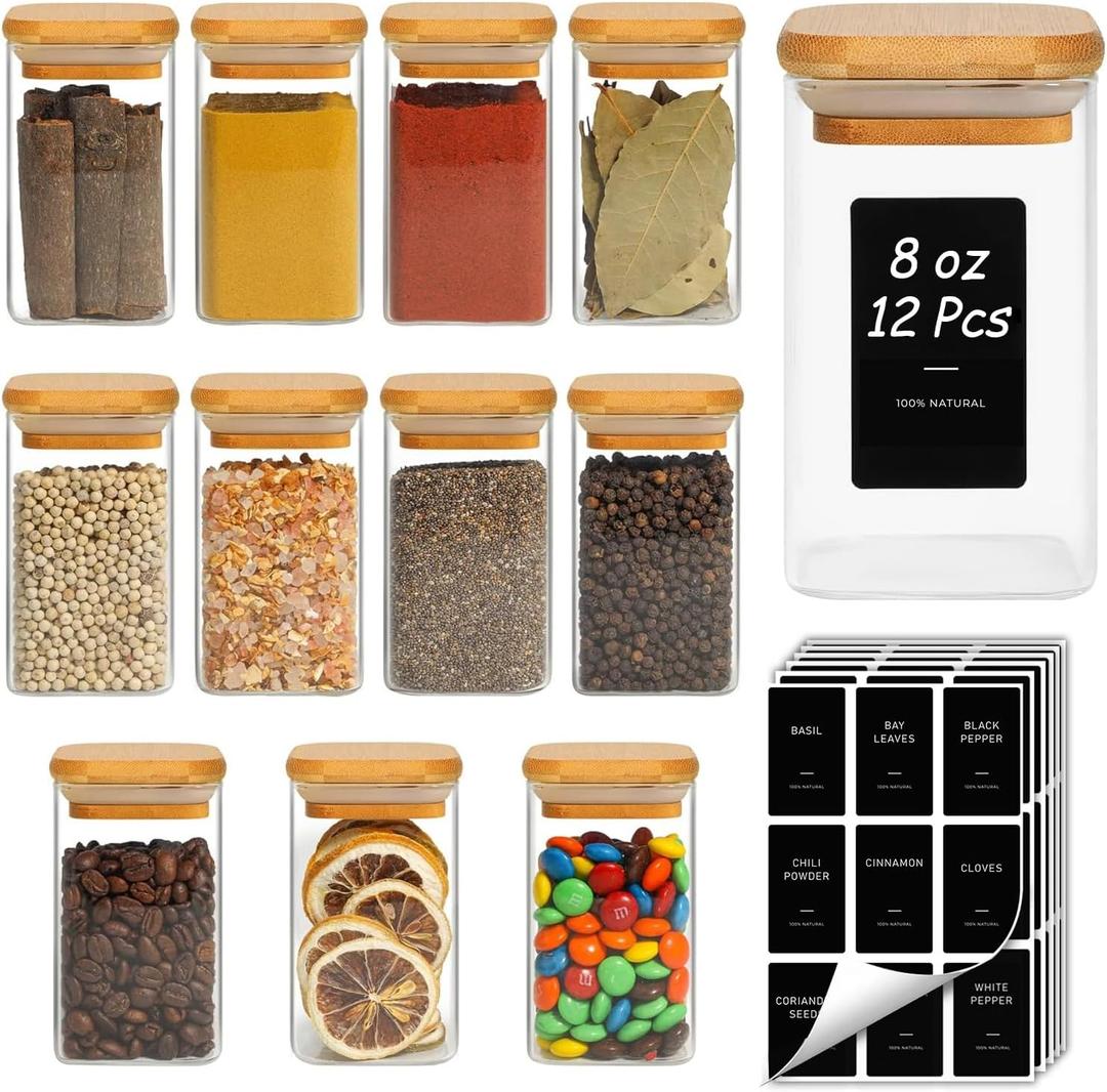 ComSaf 12Pcs Spice Jars with Labels, Glass Jar with Bamboo Lid, 8oz Airtight Square Containers with Black Lables, Empty Seasoning Jars for Spice, Salt, Pepper, Sugar