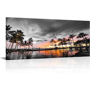 KREATIVE ARTS Black and White Canvas Print Hawaii Honolulu Oahu Pool Side Sunset And Palm Trees Picture Giclee Prints Wall Art Framed 20x48 for Living Room & Bedroom Decor