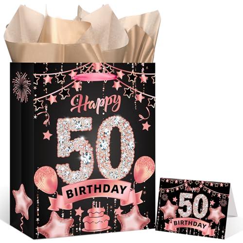 Rumia Rose Gold 50th Birthday Gift Bag with Happy 50th Birthday Greeting Card and Tissue Paper for Women Rose Gold Christmas 50th Bday Gift Wrap Bag for 50 Years Old Party Decorations Supplies