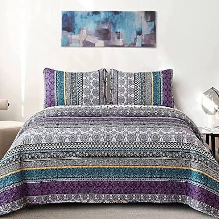 WONGS BEDDING Boho Quilt Set Twin Size, Purple Bohemian 2 Pieces Quilt Sets, Lightweight Summer Bedspread Coverlet Bedding Set for All Season (86"x68")