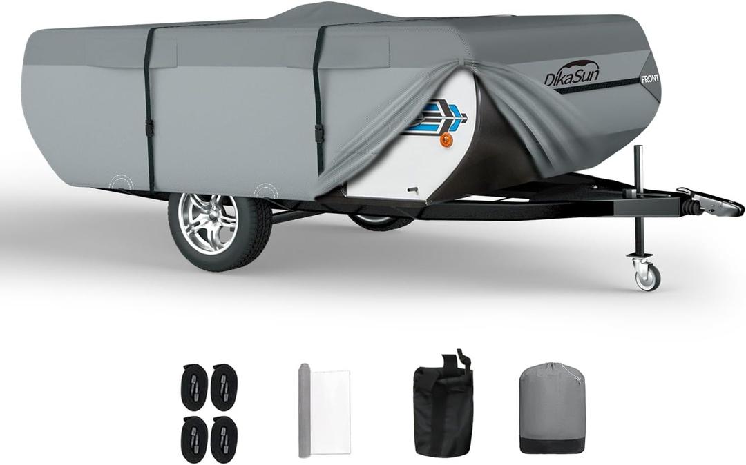 Pop Up Camper Cover 12'-14', 7 Layers Waterproof Pop-up Tent Trailer Cover Anti-UV Folding Camper RV Cover for Motor Home