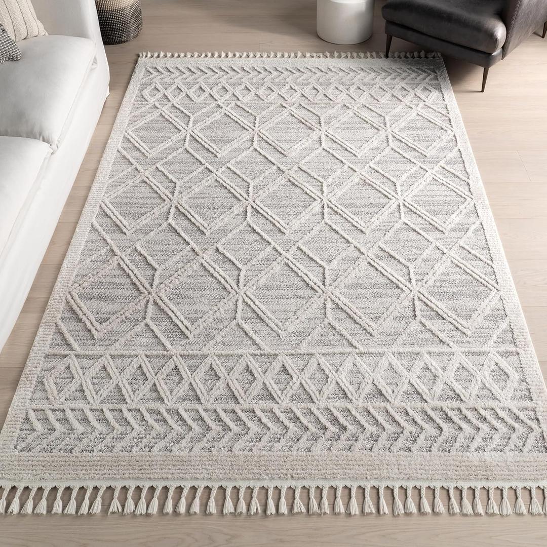 nuLOOM 2x3 Ansley Moroccan Tassel Area Rug, Light Grey, High-Low Textured Bohemian Design, Plush High Pile, Stain Resistant, For Bedroom, Living Room, Hallway, Entryway