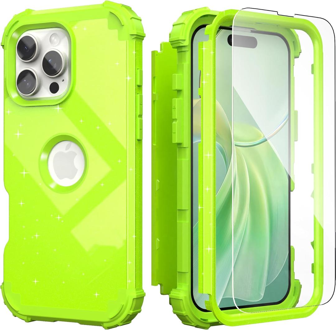 IDweel for iPhone 16 Pro Max Case with Screen Protector, Luxury 3 in 1 Shockproof Slim Fit Hybrid Heavy Duty Hard PC Cover Soft Silicone Bumper Full Body Anti-Fingerprint Case,Grass Green
