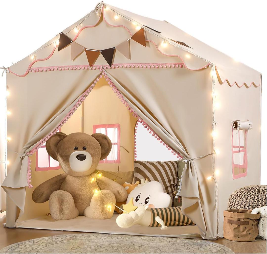 Treestone 2 Doors Kids Play Tent with Padded Mat & Light, Large Tent for Toddler with 4 Windows,Kids Playhouse Outdoor & Indoor, Toy Gift, 51" x 39" x 53" (Pink)