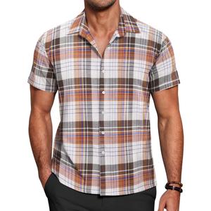 COOFANDY Mens Button Up Shirts Short Sleeve Collared Button Down Shirt Men Checkered Shirt Orange