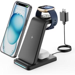 Wireless Charger for Fitbit Charging Station - GEEKERA 3 in 1 Phone Charger Stand for Fitbit Watch Sense 2/Sense/Versa 4/3, iPhone, Samsung, Google Pixel Phones, Androids, Airpods 4/3/2 (Black)