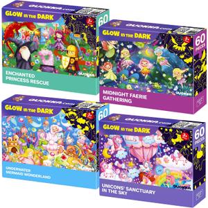 QUOKKA 4x60 Piece Puzzles for Kids Ages 4-6 Glow-in-The-Dark Puzzles for Kids 4-8 I Unicorns, Mermaids, Fairy Tale I Fun Educational Toddler Puzzle for Boys and Girls Educational Game Toys Gift